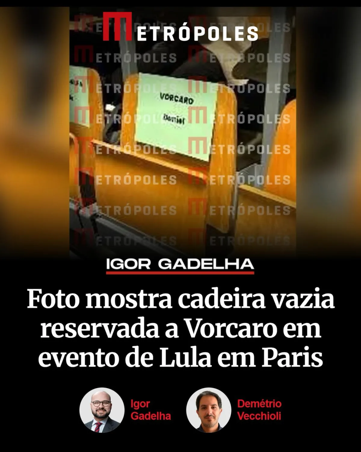 foto mostra cadeira vazia reservada a Vorcaro em evento de Lula em Paris