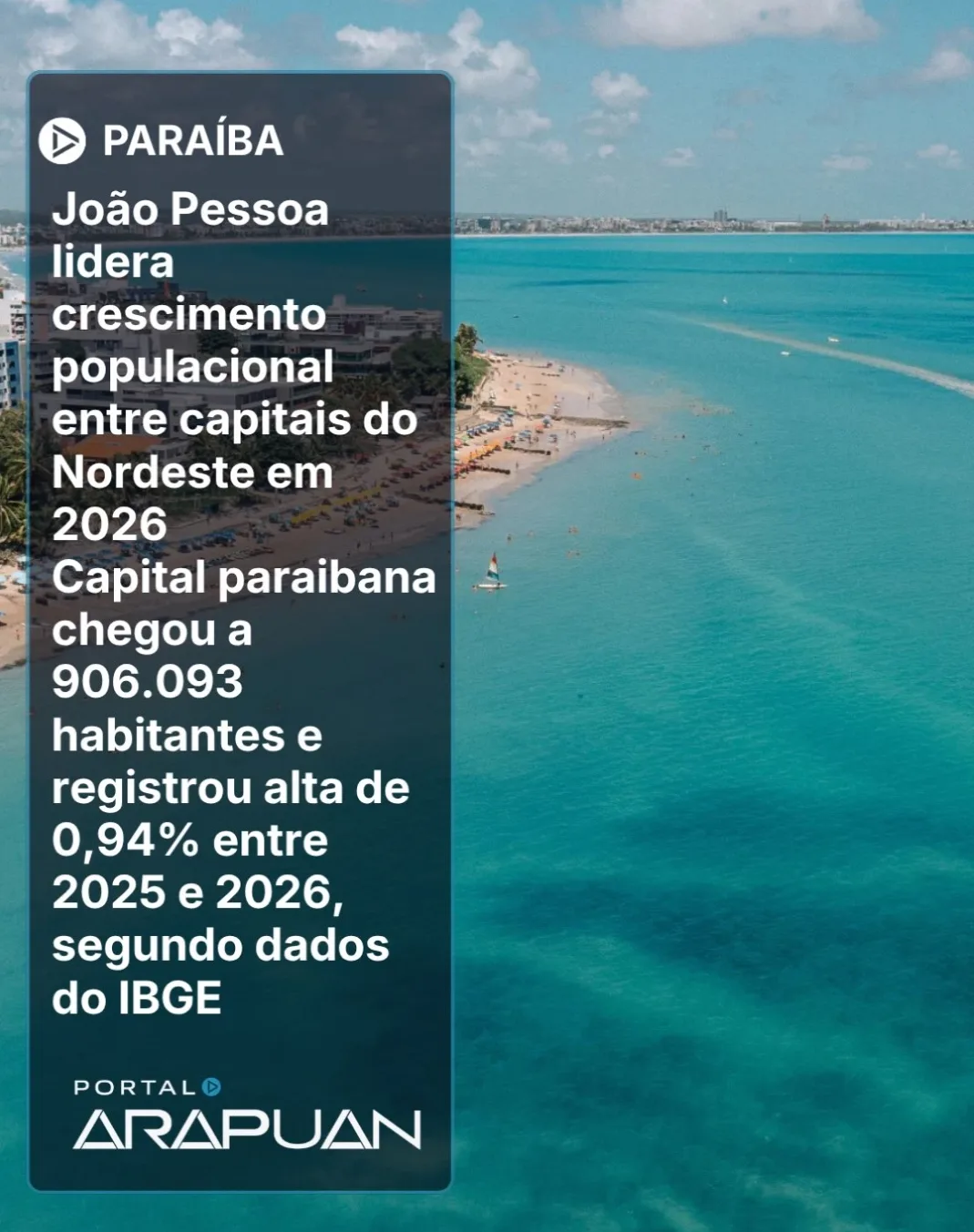 João Pessoa lidera  crescimento populacional entre capitais do Nordeste em 2026 Capital paraibana chegou a 906.093 habitantes e registrou alta de 0,94% entre 2025 e 2026, segundo dados do IBGE