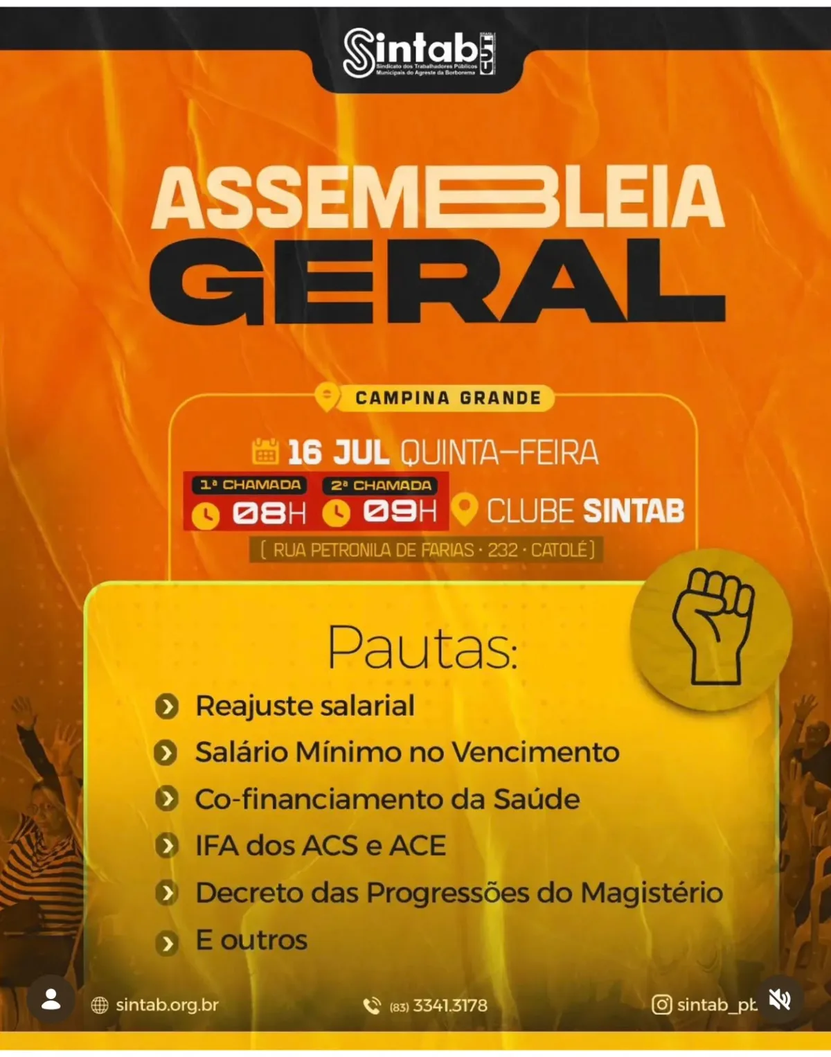 Sintab convoca servidores para assembleia geral em Campina Grande