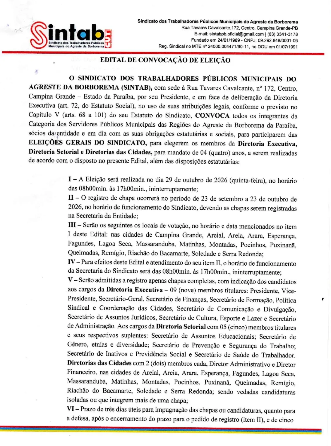 SINTAB DIVULGA EDITAL DE CONVOCAÇÃO PARA AS ELEIÇÕES GERAIS DO SINDICATO