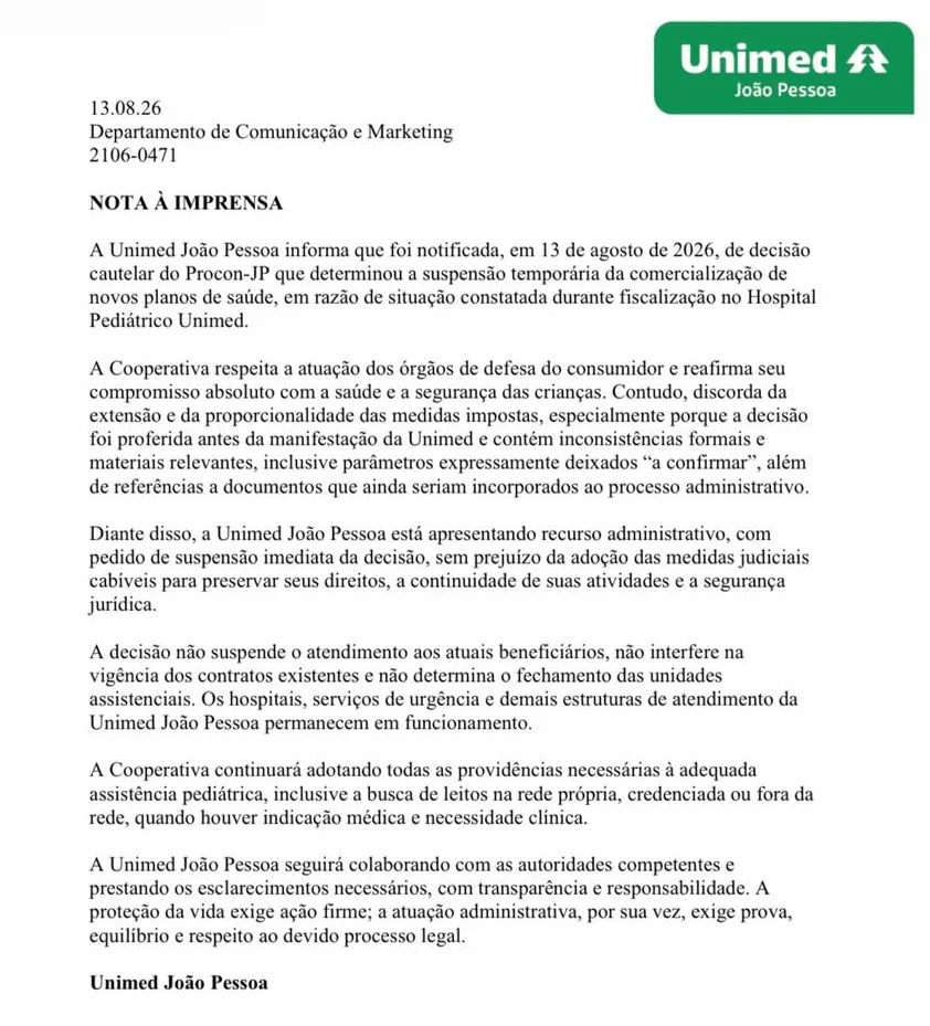 Unimed João Pessoa recorre de decisão do Procon-JP e contesta suspensão temporária de novos planos