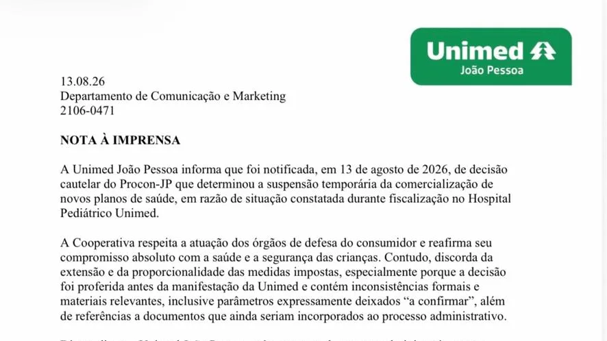 Unimed João Pessoa recorre de decisão do Procon-JP e contesta suspensão temporária de novos planos