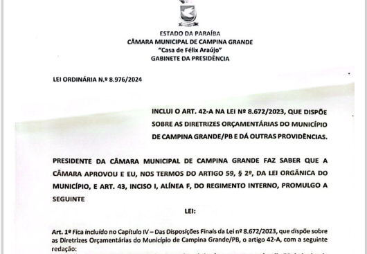 URGENTE: presidente da Câmara de Vereadores de Campina Grande, Marinaldo Cardoso, promulga a LDO e atesta ORÇAMENTO IMPOSITIVO