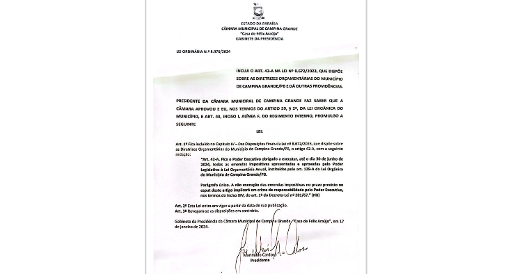 URGENTE: presidente da Câmara de Vereadores de Campina Grande, Marinaldo Cardoso, promulga a LDO e atesta ORÇAMENTO IMPOSITIVO