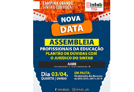 SERVIÇO PÚBLICO: SINTAB - Para melhor atender a demanda dos profissionais da educação de Campina Grande contemplados para receber os recursos do IDEB 2015, 2017 e 2019