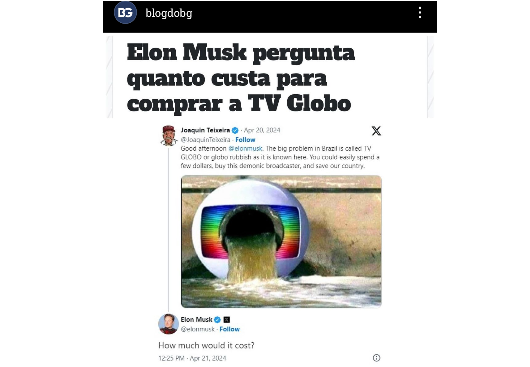 'Elon Musk pergunta quanto custa para comprar a TV Globo' - BLOG DO BG