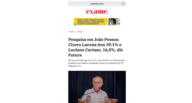 REVISTA EXAME — MÍDIA NACIONAL: Pesquisa em João Pessoa: Cícero Lucena tem 39,1% e Luciano Cartaxo, 16,5%, diz Futura