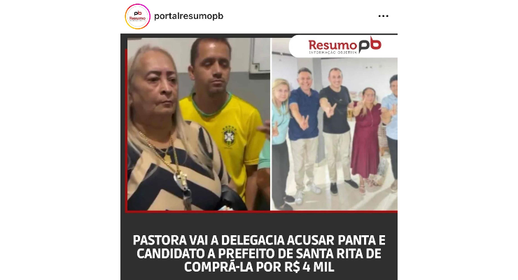 PASTORA VAI A DELEGACIA ACUSAR PANTA E CANDIDATO A PREFEITO DE SANTA RITA DE COMPRÁ-LA POR R$ 4 MIL — Resumo PB