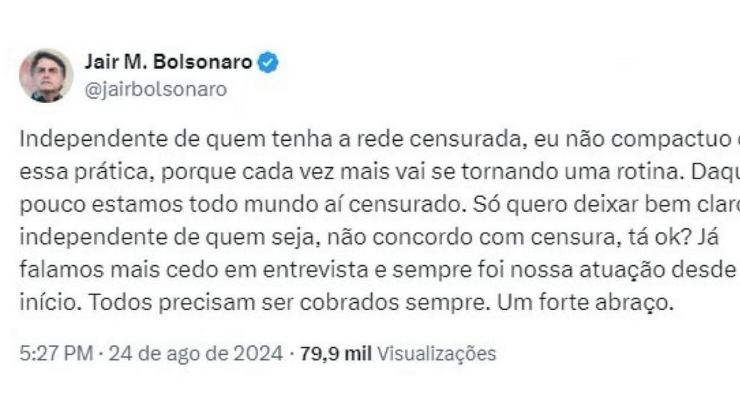 Bolsonaro se pronuncia sobre suspensão de perfis de Marçal nas redes: ‘independente de quem seja, não concordo com censura’ — Blog do BG