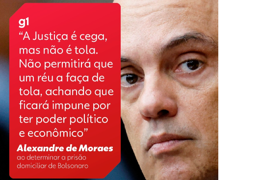 Alexandre de Moraes diz que "a Justiça é cega, mas não é tola", ao decretar a prisão domiciliar do ex-presidente Jair Bolsonaro