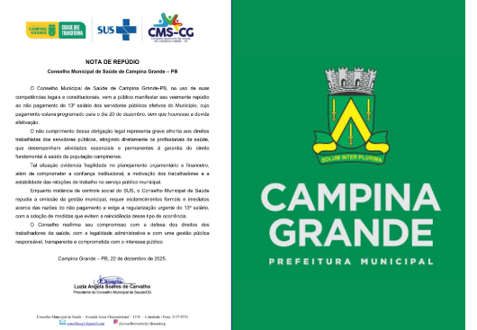 ILEGALIDADE: CONSELHO MUNICIPAL DE SAÚDE COBRA O CUMPRIMENTO DA LEI E EXIGE QUE A PREFEITURA DE CAMPINA GRANDE PAGUE O 13º SALÁRIO DOS SERVIDORES
