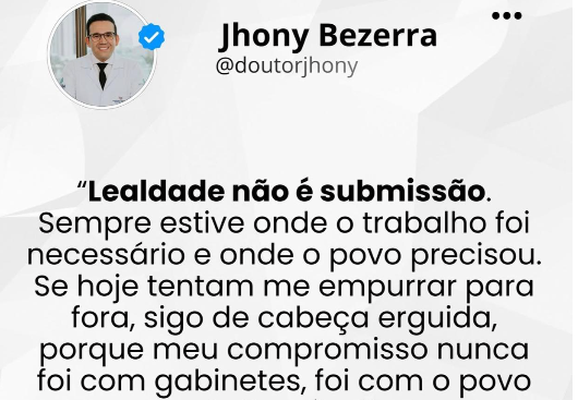 Nova realidade: em postagem nas redes sociais, Jhony Bezerra já deixa claro que praticamente deixou o grupo de João Azevêdo