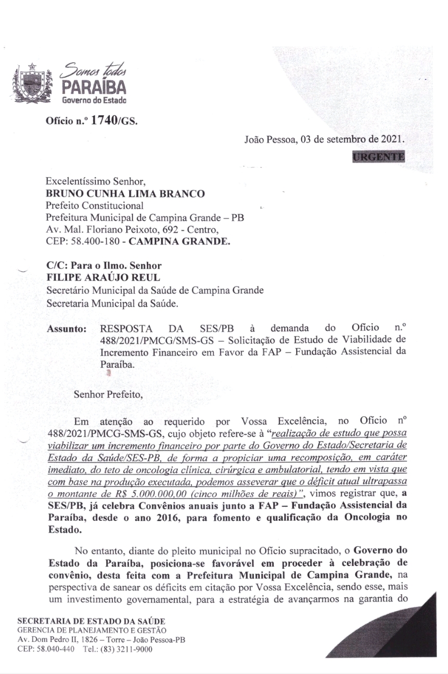 DOCUMENTO: Governo do Estado tentou convênio para ajudar o hospital da FAP,  mas gestão de BCL nem sequer respondeu o ofício