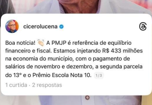 Economia aquecida Prefeitura de João Pessoa anuncia R$ 433 milhões em pagamentos de salários de novembro, dezembro, 13° e Escola Nota 10
